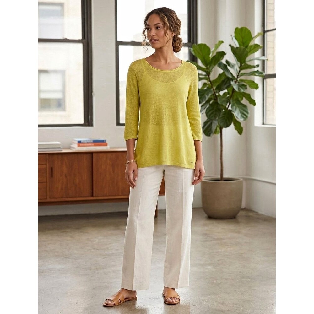 Eileen Fisher Petite PS Yellow Linen Tight-Knit Scoop Neck 3/4 Sleeve Pullover